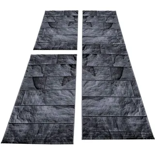 Carpettex Bettumrandung Schlafzimmer 3teilig Kurzflor Teppich Steinoptik Schwarz Grau Meliert Bettset:2 mal 80x150 cm + 1 mal 80x300 cm - Bettvorleger Schlafzimmer Läufer Set Bettumrandung Teppich