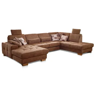 CAVADORE Wohnlandschaft Puccino mit Federkern, Bettfunktion, Sitztiefenverstellung und 2 Kopfstützen / Sofa in U-Form im Landhausstil / 340 x 86 x 224 cm / Mikrofaser hellbraun