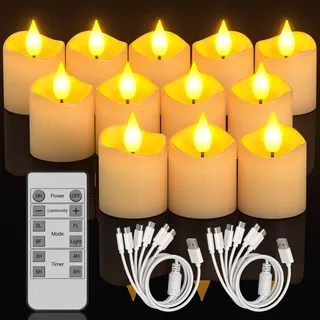 SoulBay 12 Stück Wiederaufladbare LED Teelichter Kerzen Flackernd mit Fernbedienung und Timer, Aufladbar LED Teelicht Elektrische Kerzen mit USB-Kabel für Party Wohnzimmer Halloween Weihnachtendeko