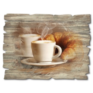 Holzbild ARTLAND "Dampfender Cappuccino und Croissant" Bilder Gr. B/H: 40 cm x 30 cm, Holzbild Getränke Querformat, 1 St., braun Holzbilder