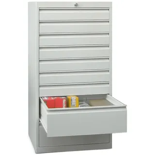 PAVOY Schubladenschrank, Höhe 1.200 mm, Schubladen 2x75 + 4x100 + 1x150 + 2x200 mm, Breite 500 mm, lichtgrau, himmelblau