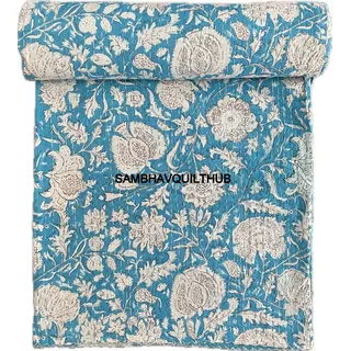 Hippie Floral Handblock handgefertigt Baumwolle Block Kantha Quilting Vintage Überwurfdecke Hippie Queen/King Size Bohemian Bett Dekor Quilt (Türkis, 228 x 274 cm mit Kissenbezug)