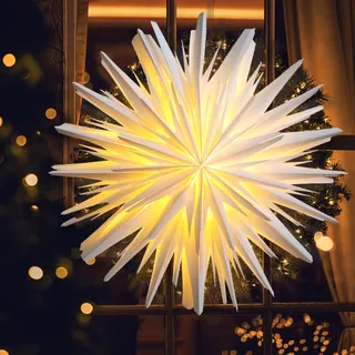 EANLOLY Weihnachtsstern Beleuchtet, 60cm Papiersterne Zum Aufhängen Fenster | LED Leuchtstern Batterie mit Timer, 3D Papier Stern Für Weihnachtsdeko Innen, Fensterdeko Weihnachten, Weiß