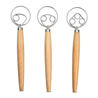 Voxlara 3 Stück Dänischer Schneebesen Set, Brotteigmischer Brotteig Schneebesen Mixer, Schneebesen Mit Holzgriff Mixer, Eierschläger mit Holzgriff für Küche, Brot, Teig, Kuchen, Gebäck