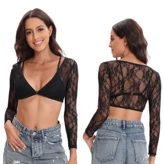 Buliezy Damen Crop Top Durchsichtig Oberteil Mesh Bauchfrei Oberteil Tops Netzstoff Shirt Frauen Spitze Ärmel Sommer Tiefen V-Ausschnitt, Vorne Offen Elastisch Sexy Spitze Futter - XL