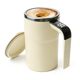 Selbstrührende Tasse, 380ML Selbstrührender Becher mit Temperaturanzeige, Selbstrührender Kaffeebecher, Intelligente kaffeetasse, Automatisches Mischen Magnetische Tasse für Kaffee Protein, Beige