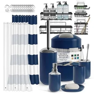 Famanu Badezimmeraccessoireset 25-teilig mit selbstklebender Ecke-Duschcaddy - marineblau
