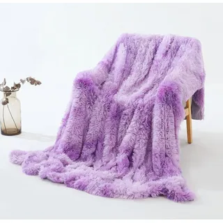Freyamy Kuscheldecke 220x240cm Tie-dye Lila Microfaser Langhaar Kunstpelz Kunstfell Wende Wurfdecke Flanell Warme Wohndecke Plüsch Felldecke Sofa Decke TV-Decke Klimaanlage Decke Flauschig Tagesdecke