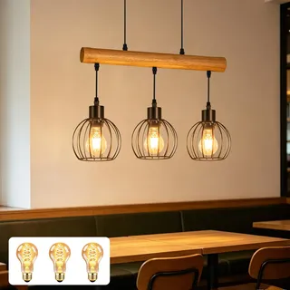 ZMH Pendelleuchte esstisch Holz Hängelampe Vintage mit 3 x A60 Leuchtmittel | Industrial Esstischlampe 3 flammig in Schwarz Retro Hängeleuchte mit Holzbalken Esszimmerlampe für Wohnzimmer Esszimmer