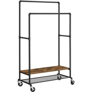 Schwerlast Kleiderständer 175x100 x 51cm, Garderobenständer mit 2 Ablagen, bis 130kg belastbar, mit Rollen, Industrie-Design, Braun-schwarz