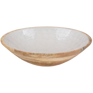Levandeo® Dekoschale, Schüssel 35cm Mango Holz Creme Perlmutt Emaille Schale Bowl 35 cm