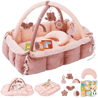 BOBY ́S Baby Spielbogen mit Babynest & Krabbeldecke – Baby Gym mit Spielzeug – Spielmatte, Laufstall & Bällebad – weich gepolstert für Neugeborene (Rosa)