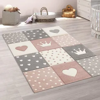 Paco Home Teppich Kinderzimmer Junge Mädchen Kinderteppich Spielteppich Kurzflor 3D Optik Pastell Punkte Herzen Krone, Grösse:120x170 cm