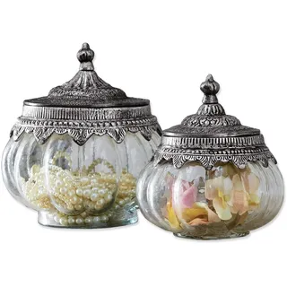 Loberon Glasdosen 2er Set Madelon, Zwei Größen, mundgeblasen, kunstvoll verzierte Deckel im Antik-Stil, Dekoration, Aufbewahrung, Wohn-Accessoire, Glas, Eisen, klar/Silber