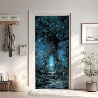 Magie Baum Türaufkleber, Glühwürmchen Türfolie Selbstklebende Fototapete 100x200 cm, Fantasie Türposter Abnehmbar Türfolie PVC Für Tür Schlafzimmer Türaufkleber
