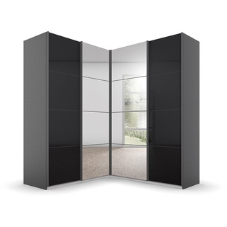 Rauch Möbel Quadra Schrank Eckschrank Schwebetürenschrank, Grau, 4-trg. mit Spiegel, inkl. 2 Kleiderstangen, 12 Einlegeböden, BxHxT 181x210x187 cm