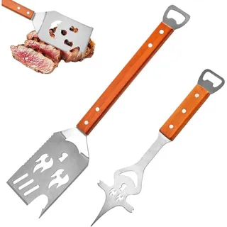 8-in-1 Grillbesteck-set: 42 Cm Langer Pfannenwender Und 33 Cm Lange Gabel, Edelstahl- Und Holzgriff Mit Flaschenöffner, Ideal Für Zuhause, Camping Und Picknicks.