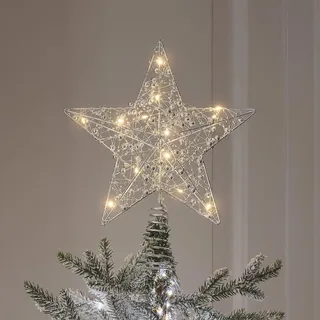 Light4fun Beleuchtete perlenbesetzte Stern-Weihnachtsbaumspitze | Batteriebetrieben & mit Timer | Mikro-LEDs | Weihnachten Christbaumspitze Weihnachtsstern Baum Topper | Silber | 30 x 25 cm