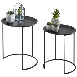 Landscape Satztisch, Schwarz, Metall, 2-teilig, rund, C-Form, 34x40.5x40.5 cm, abnehmbares Tablett, Wohnzimmer, Wohnzimmertische, Beistelltische