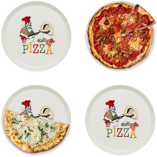 KHG 4er Set Pizzateller, extra groß mit 30cm Durchmesser in Chefkoch Print, perfekt für Gastro und Zuhause, hochwertiges Porzellan, Spühlmaschinengeeignet & perfekt Stapelbar
