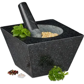 Relaxdays Eckiger Mörser mit Stößel aus Granit 750 ml 12 x 19,5 x 19,5 cm grau schwarz