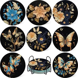 8 Stück Diamond Painting Untersetzer with Holder, Diamond Painting Untersetzer, Mosaik Basteln für Erwachsene 5D DIY Untersetzer Diamant Painting Bilder Klein für Anfänger, Erwachsene & Kinder 10x10cm