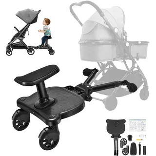 LENJKYYO Buggy Board, Buggyboard mit Sitz, Universal Trittbrett für Kinderwagen, Max. 30KG, 2-in-1 Mitfahrbrett für Geschwister, Schwarzes Kinderwagen Zubehör für Kinder 2-6 Jahre