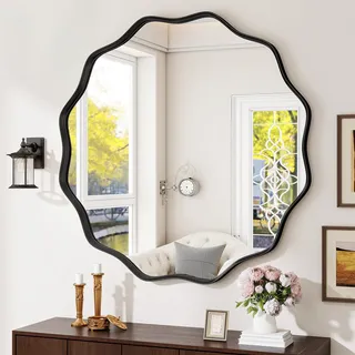 BEAUTYPEAK Runder Spiegel 50 cm, Wandspiegel mit Gewellter Kante, Aluminiumrahmen, Spiegel Rund zum Aufhängen und Anlehnen, Rund Wandspiegel für Schlafzimmer, Badezimmer, Flur Schwarz
