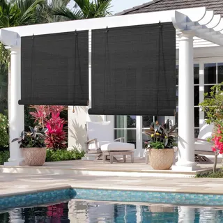 Schwarz Bambusrollo Outdoor 80% Blackout Bambus Jalousie Holzrollo Natur Sichtschutz Sonnenschutz Rollo Bambus Raffrollo 50 60 80 90 100 110 120 130 140 150 160cm Breit für Balkon Küche(W50xH120cm)