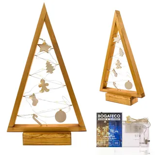 BOGATECO Weihnachtsbaum aus Holz mit LED Beleuchtung 52cm hoch | Holzdekoration inklusive | Weihnachtsdekorationen | 20 LED |