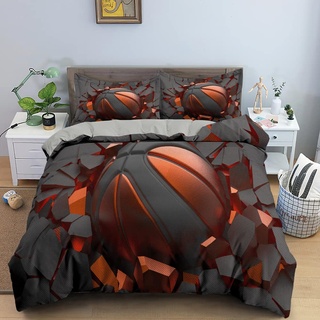 Bettwäsche 155x220 Mikrofaser 3teilig Schwarzer 3D-Basketball, Wendemotiv Bettbezug Set für Kinder Einzelbett, Atmungsaktiv Bettbezüge mit Reißverschluss und 2 Kissenbezüge 80x80cm