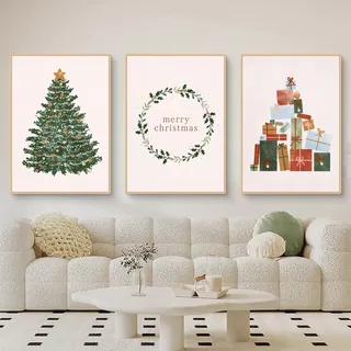 Viusneun 3er Weihnachts Poster Set, Weihnachtsbaum Wandbilder Wandposter Frohe Weihnachten Premium Leinwandbilder Kunstdruck für Wohnzimmer Schlafzimmer Deko (21 x 30 cm)