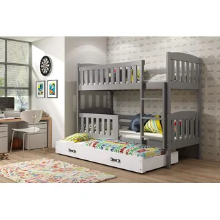 Interbeds Etagenbett 200x90 cm für 3 Kinder Stockbett Hochbett Holzbett Kiefernholz Kinderbett zusätzlicher Schlafplatz in der Schublade Jugenbett mit Lattenrost und Rausfallschutz (grau, 200x90)