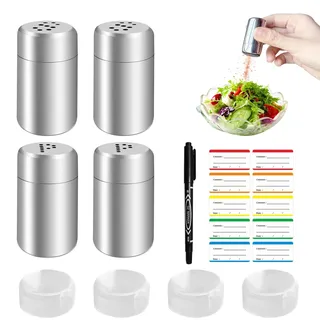 Mini Salzstreuer, 4 Stück 5ml Salzstreuer Klein mit Deckel und 10 Etiketten, Edelstahl Salz Gewürzstreuer Camping, Salz und Pfefferstreuer Klein, Geeignet für Unterwegs, Grill im Freien