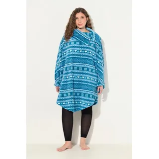 Ulla Popken Bademantel Homewear-Poncho Norweger Plüsch Kragen recycelt, Langform, Materialmix blau 42-48