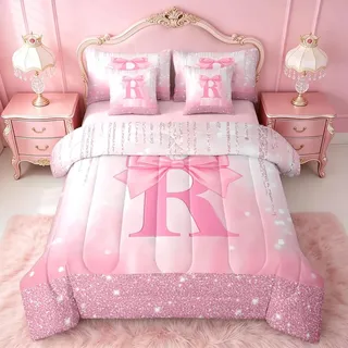 Feelyou Bettwäsche-Set für Jungen und Mädchen, rosa Schleife, 7-teilig, personalisierbar, Initiale R, 7-teiliges Bettwäsche-Set für Kinder, Prinzessin, Glitzer, mit Laken, Schleife, Monogrammierung