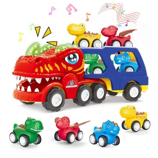 XDeer Autorennbahn Dinosaurier Spielzeug ab 2 3 4 Jahre, 4 in 1 Dino Truck für Kinder, mit Brüllen Sound & Lichter, Reibungsbetrieben Autotransporter rot