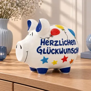 Lustige Spardose Sparschwein HERZLICHEN GLÜCKWUNSCH bunt 17 cm