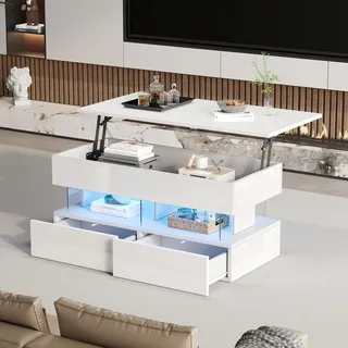 Merax Couchtisch Höhenverstellbar, Wohnzimmertisch mit Schublade & verstecktem Stauraum, Multifunktions-Sofatisch mit Stauraum und LED Beleuchtung, Rechteckig Beistelltisch, Hochglanz Weiß, 100x50cm