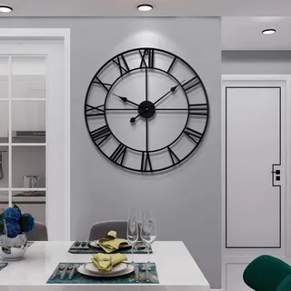 HAITANG Große Wanduhr im Vintage-Stil, schwarz Wanduhr rund Metall Geräuschlos Nicht Tickend, Batteriebetrieben, 47cm römische Ziffern, Uhren für Wohnzimmer, Schlafzimmer, Küchen Dekoration