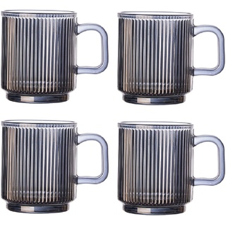 Latte Macchiato Gläser Mit Henkel Und Holzdeckel, 4er Set 340ML Kaffeeglas Teegläser Vertikale Streifen Design Gläser, Borosilikatglas Kaffeetassen Glas Für Cappuccino, Tee, Milch, Bier, Getränke