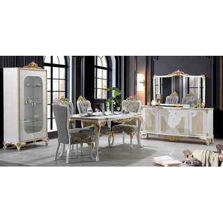 Casa Padrino Luxus Barock Esszimmer Set Grau / Weiß / Gold - 1 Esstisch & 6 Esszimmerstühle & 1 Vitrine & 1 Sideboard mit Wandspiegel - Barock Esszimmer Möbel - Edel & Prunkvoll