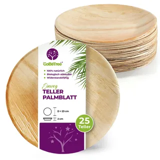 GoBeTree Palmblatt Teller Rund 23 cm, 25 Elegante Einwegteller Stabil Groß | Stabiles Einweggeschirr Ähnlich Bambus für Grillparty, Hochzeit und Fest, Flacher Speiseteller mit 2 cm Rand, Mikrowellenfest