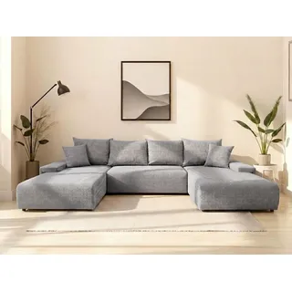 WERK2 Wohnlandschaft Amalfi 348 x 188 cm modern und bequem, Cord, U-Form, XXL, Schlaffunktion, Bettkasten grau