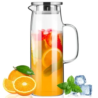 PARACITY Wasserkaraffe 1,5L Borosilikatglas mit Silikonboden und Deckel | 1,5L Glaskaraffe mit Deckel, rutschfestem Silikonboden, hitze- & kältebeständig, Sieb für Wasser, Saft und Tee
