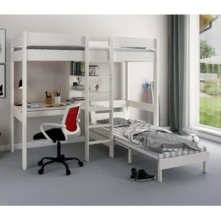 Hochbett »Stockbett "ROBIN " zertifiziertes Massivholz«, mit Schreibtisch und Regalen, weiß, , 861614-0