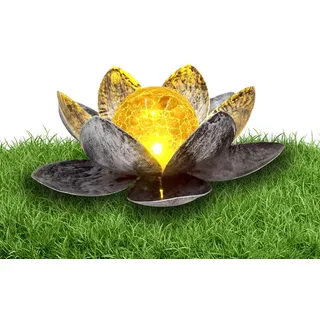 Tuzsocr Solar Lotus Laterne, Lotusblüte Solarlampe für außen, Kugel Crackle-Glas Garten Strahler, für Außen Terassendeko LED Solarleuchten Wasserdicht Metall Solarlaterne für Außen, 20cm (Grau)