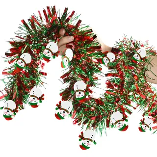 Weihnachtsbaum Lametta Girlande Rot & Grün Schneemann Tannengirlande 2M Künstliche Weihnachtsgirlande Baumschmuck Weihnachtsdeko für Kamin Treppe Türen Fenster Weihnachtsfeier Innen-/ Außenbereich