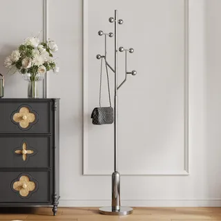 Bekrvio Edelstahl Garderobenständer(113kg Belastbar, 8 Haken Kleiderständer stabil, Garderobe flur in Baumform, Jackenständer, Clothes Rack für Wohnzimmer Schlafzimmer Büro