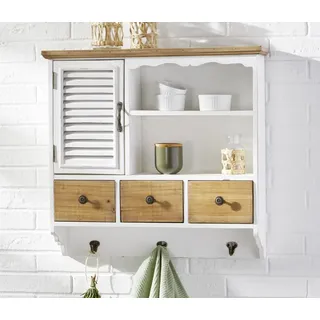 Dekoleidenschaft Hängeschrank White Cottage im Landhausstil aus Holz, weiß, im Shabby Look, 1 Tür & 3 Schubladen + 3 Haken, Wandschrank, Hängeschränkchen, Küchenschrank Badschrank